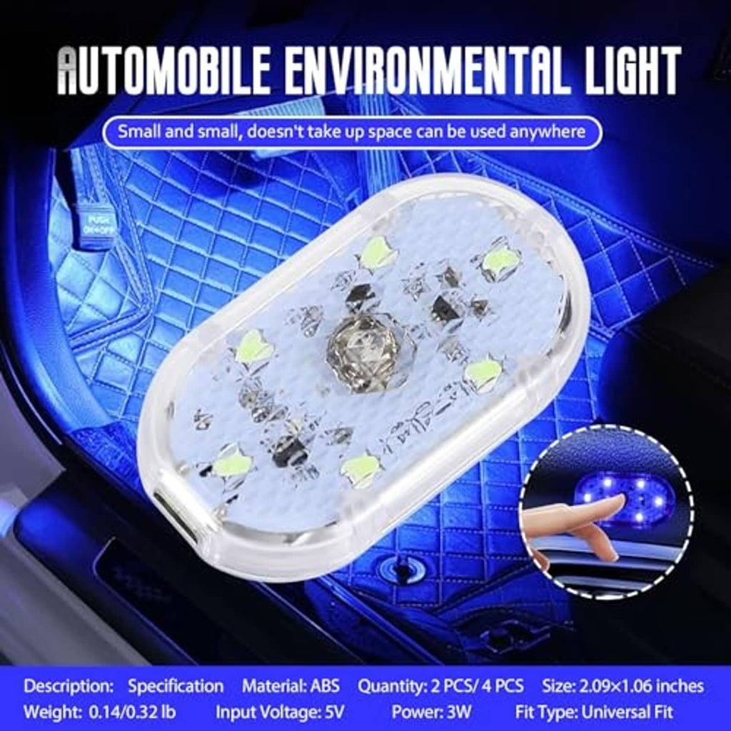 Clear oval wireless blue LED car interior light in place on quilted mat