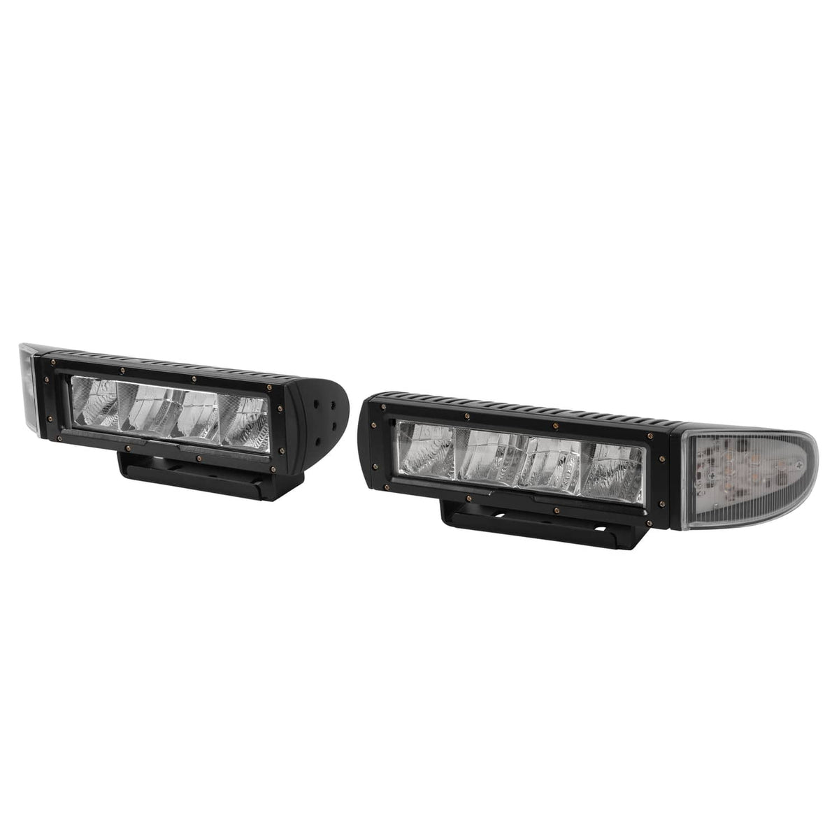 Two LED plow lights with black housings, rectangular clear lens, and gray side reflectors