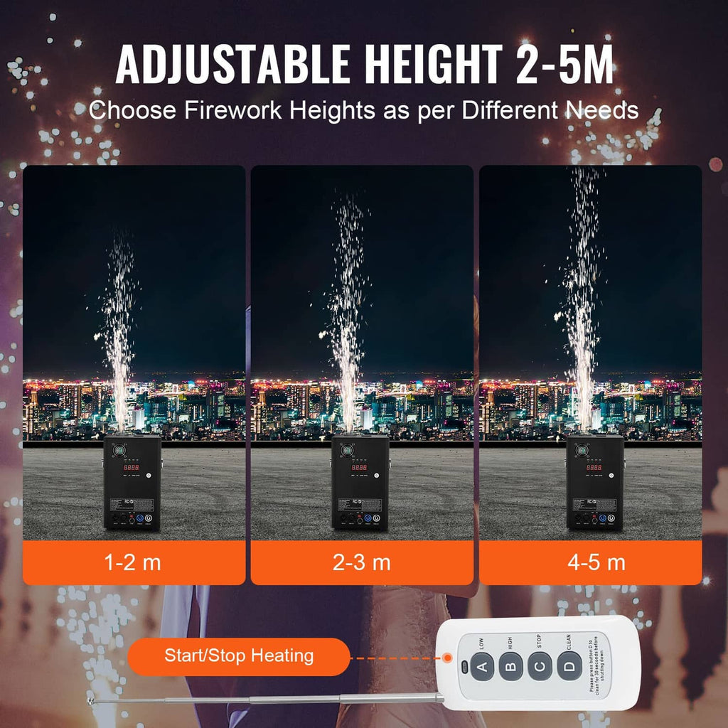 Three black cold spark machines with remote control for adjustable firing height