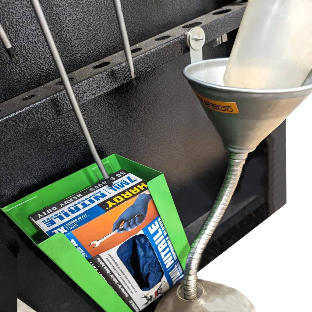 Silver steel funnel with filter and flexible spout tube, close-up
