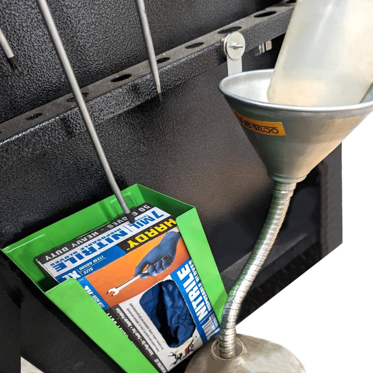 Silver steel funnel with filter and flexible spout tube, close-up