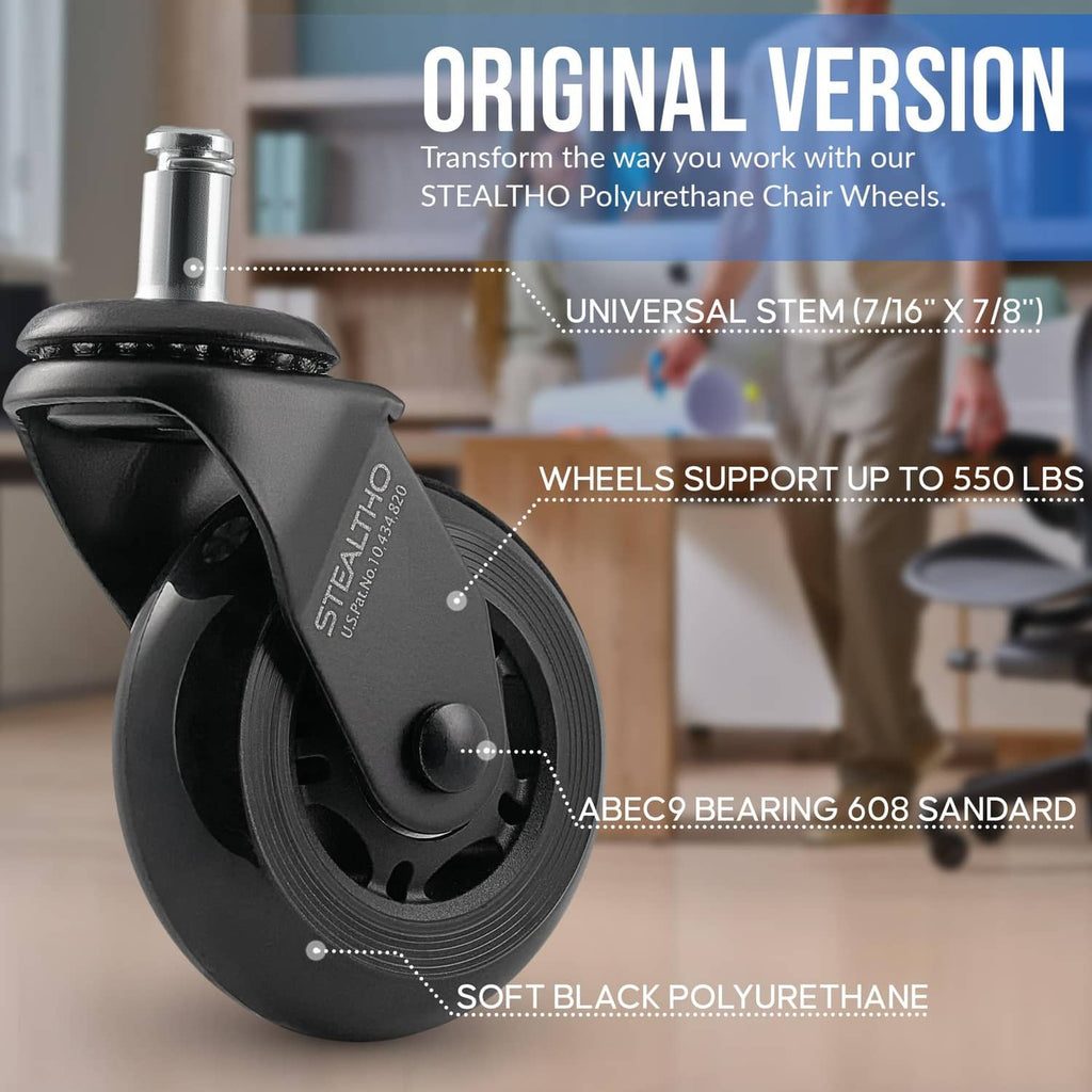 Black office chair caster wheel with metal stem and circular mounting plate