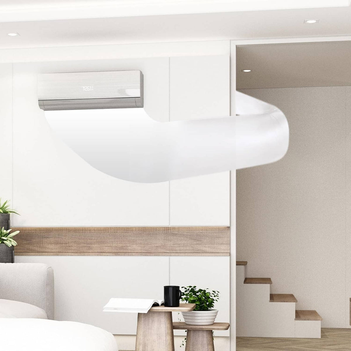 Clear flexible air conditioner blowing bag connected to a wall vent for airflow