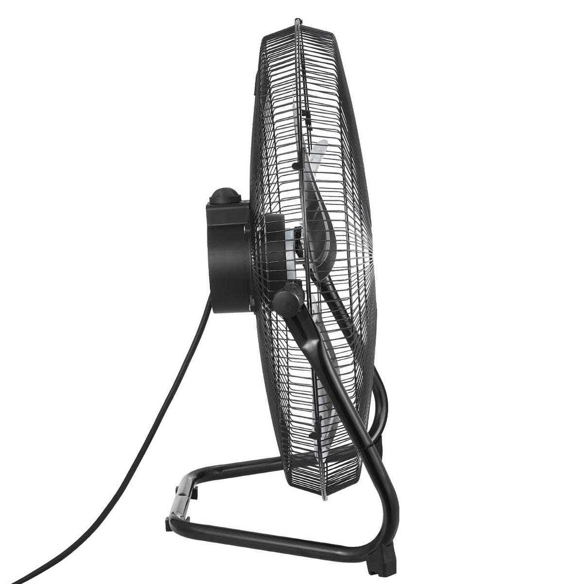 Black floor fan with front grille and angled stand base, side view.