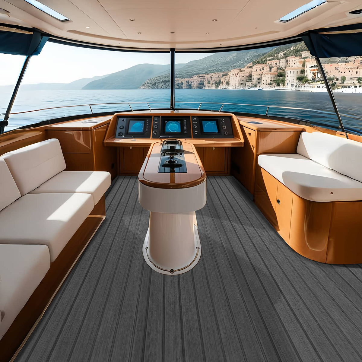 Dark gray yacht deck flooring with long ribbed grooves across the boat