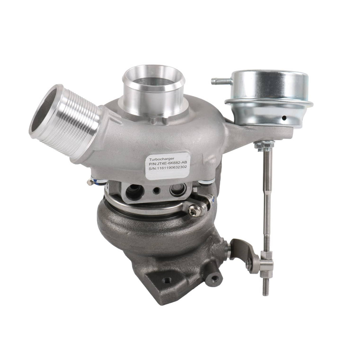 Turbocharger with silver inlet pipe and actuator canister, dark turbine housing and bolts