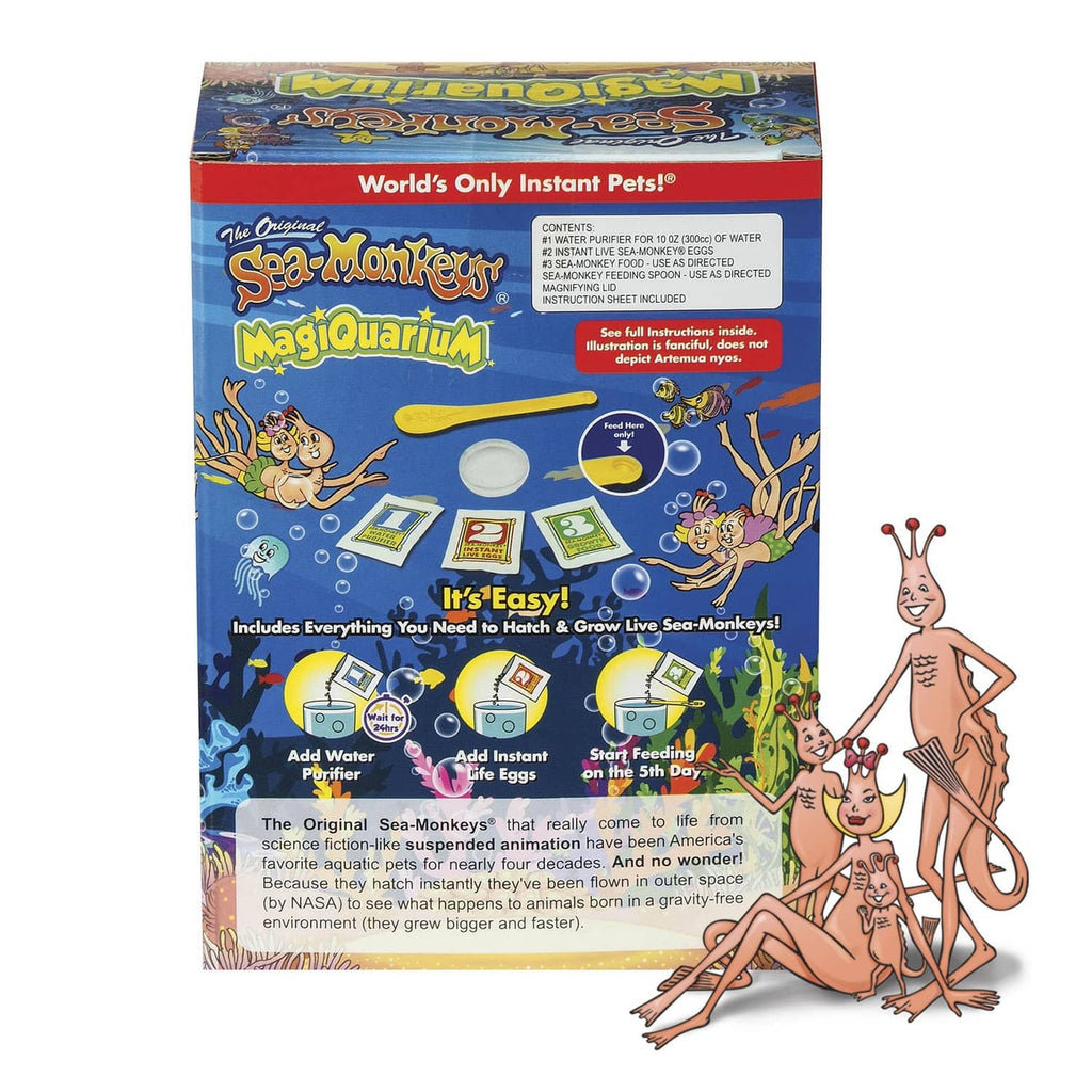 Back of Magiquarium grow kit box with step instructions and cartoon sea characters