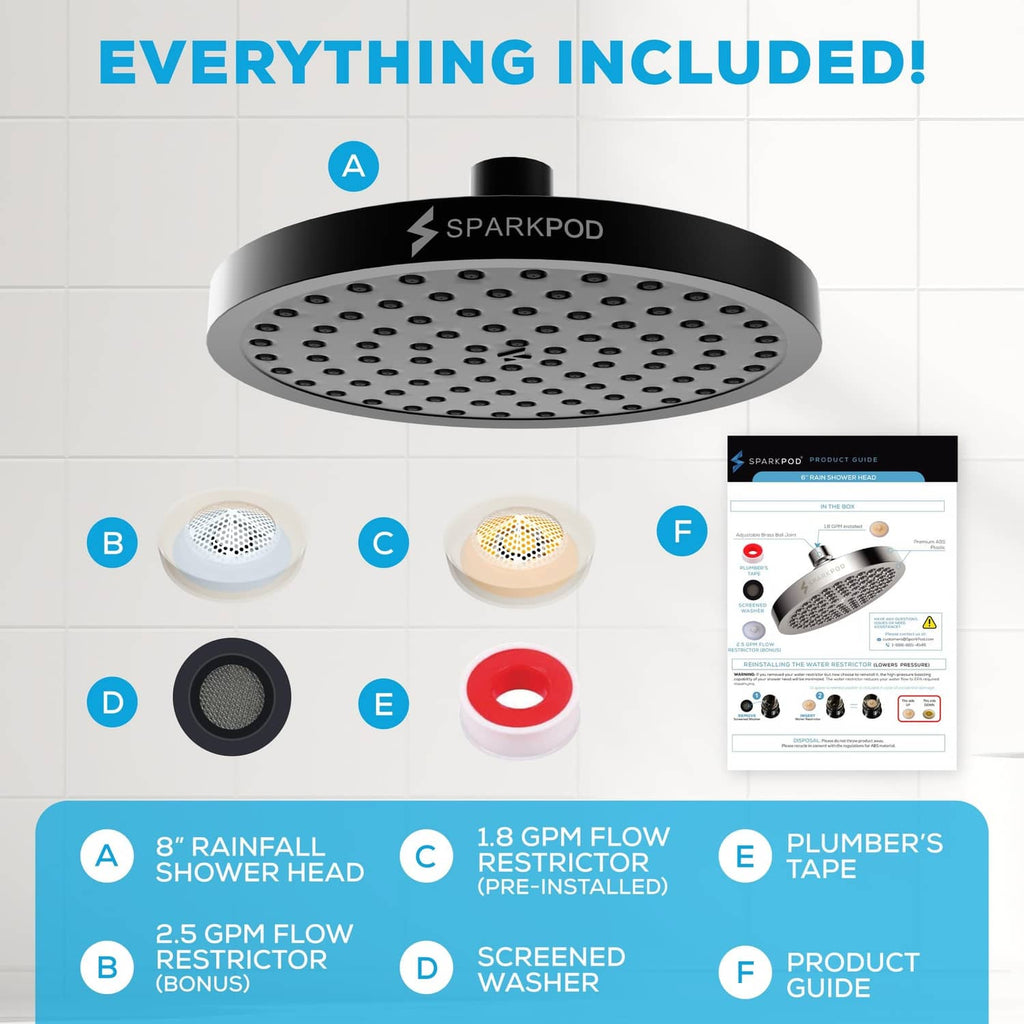 Rain shower head kit showing shower head, inserts, washer, and plumber's tape.