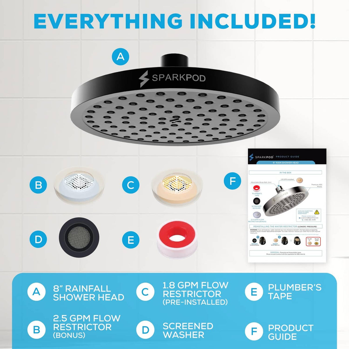 Rain shower head kit showing shower head, inserts, washer, and plumber's tape.
