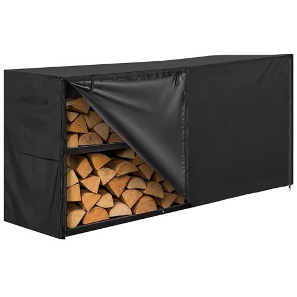 Black firewood rack cover with front panel open, revealing stacked firewood.