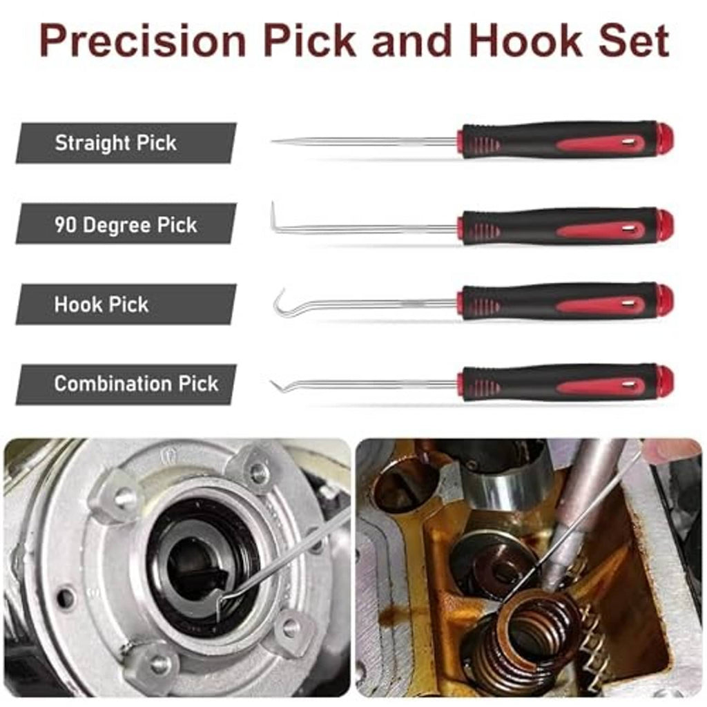 Precision pick and hook set with red-handled metal tools