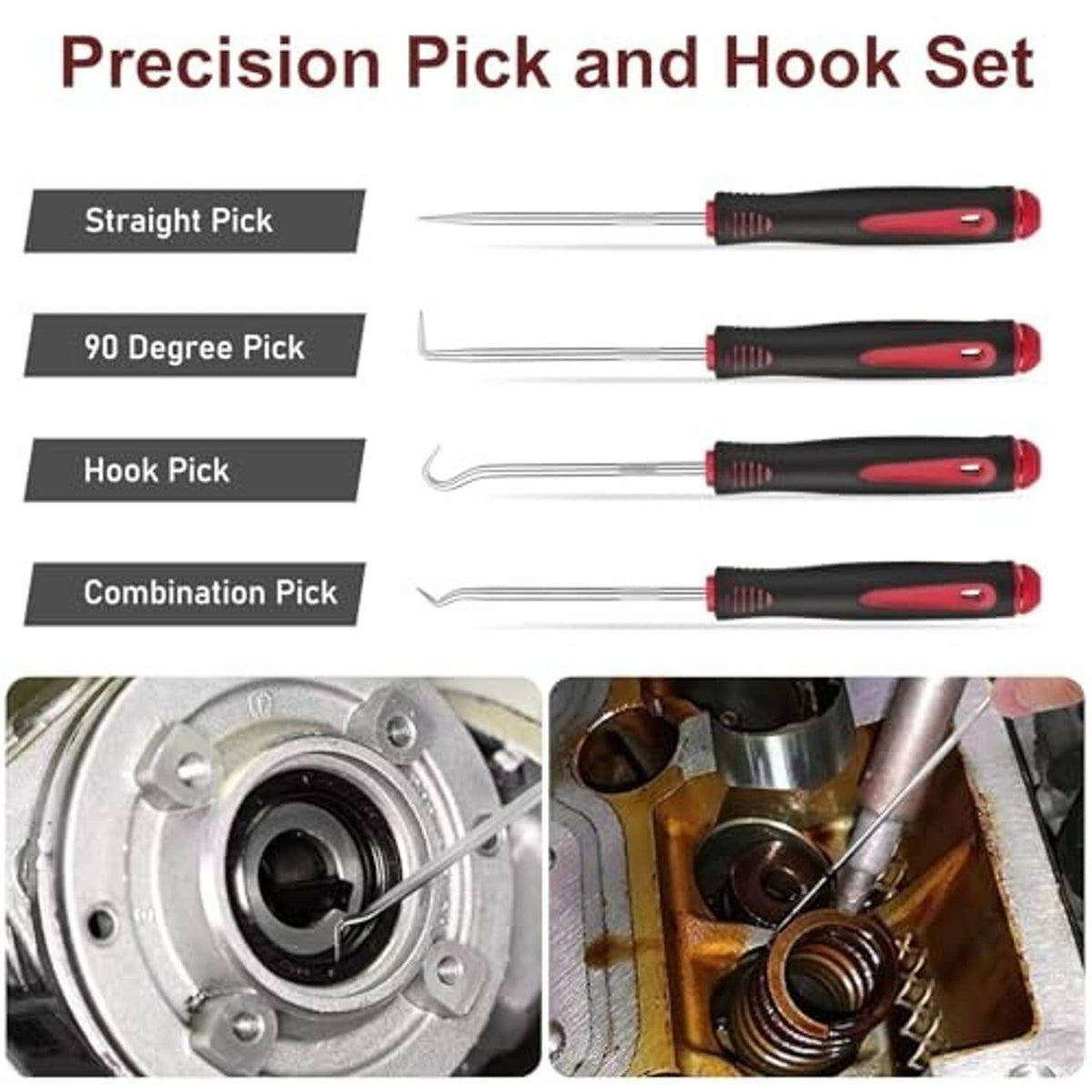Precision pick and hook set with red-handled metal tools