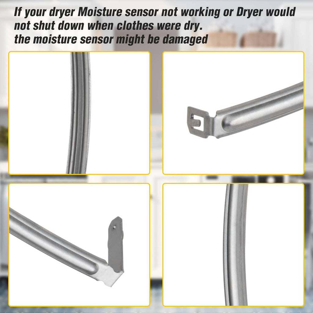 Dryer moisture sensor plate bar close-up set, silver curved metal strips with clips