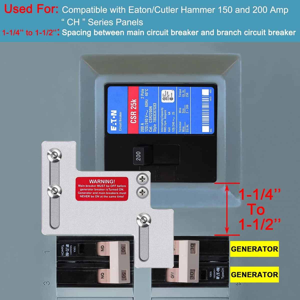 Installed generator interlock kit on CH panel with spacing measurement markings