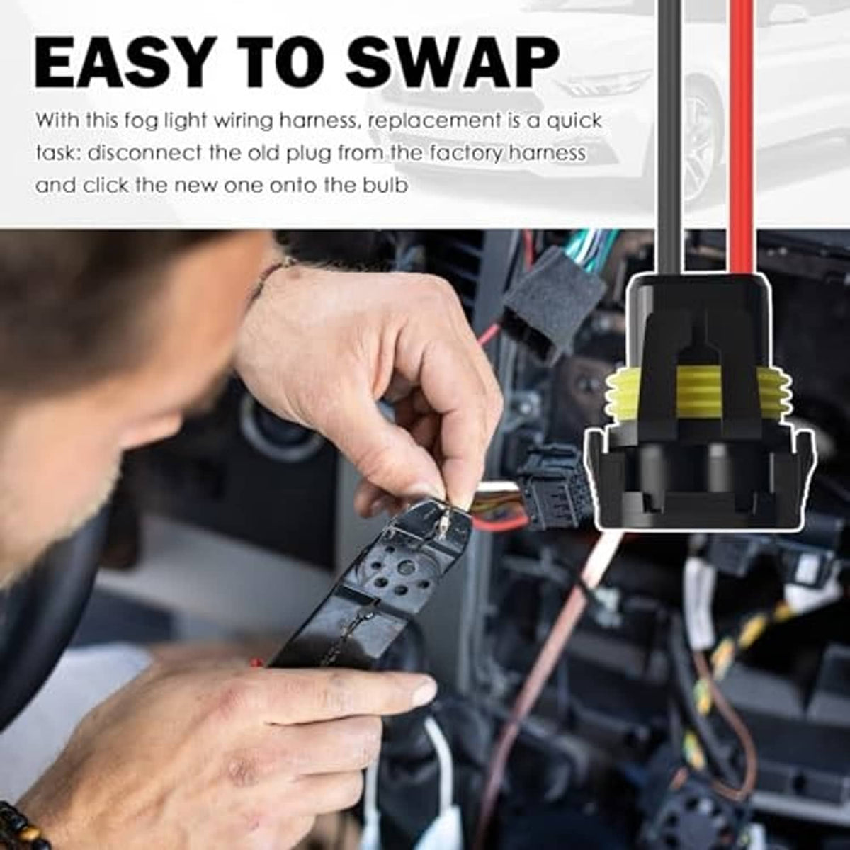 Headlight wiring harness socket plug being connected in a vehicle wiring bay