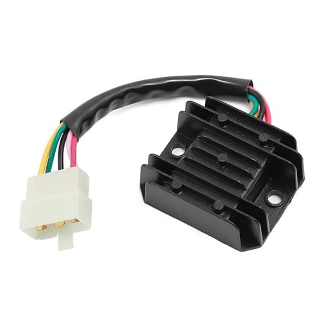 Black voltage regulator rectifier module with cooling fins, 5-pin white plug and wire leads