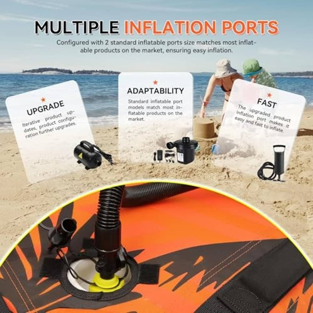 Inflatable towable tube with dual inflation ports and black patch on top