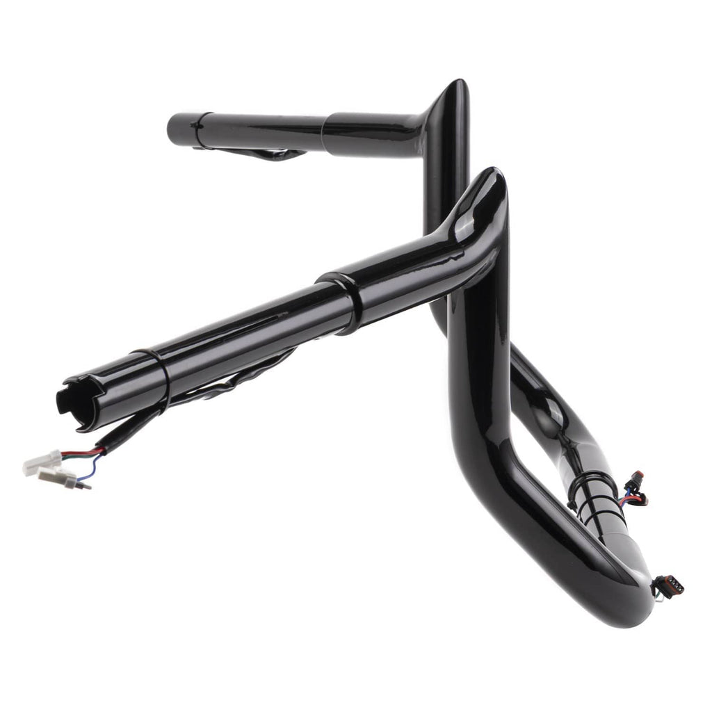 Black handlebar with long grips, curved rise, and attached wiring harness