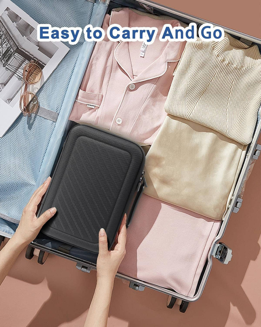 Black insulin vial protector case placed in a travel bag for easy carry