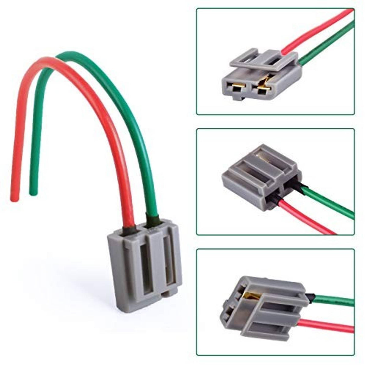 Wiring pigtail harness with gray connector housing and red/green leads, detail views