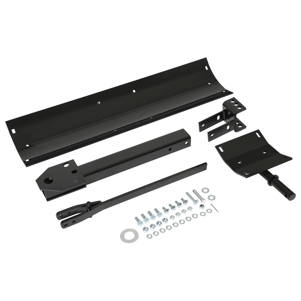 Tow-behind scrape blade assembly parts: curved steel blade, frame, and brackets with pin
