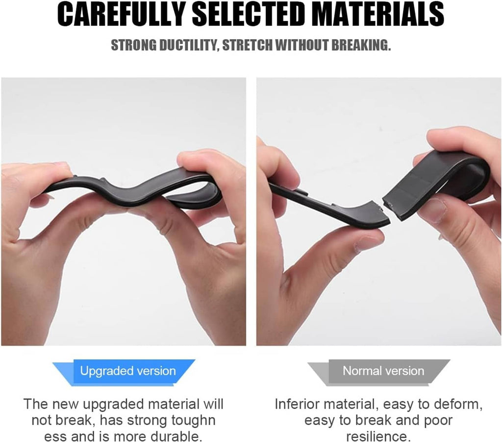 Black headrest hook material flex test with hands bending the metal bar