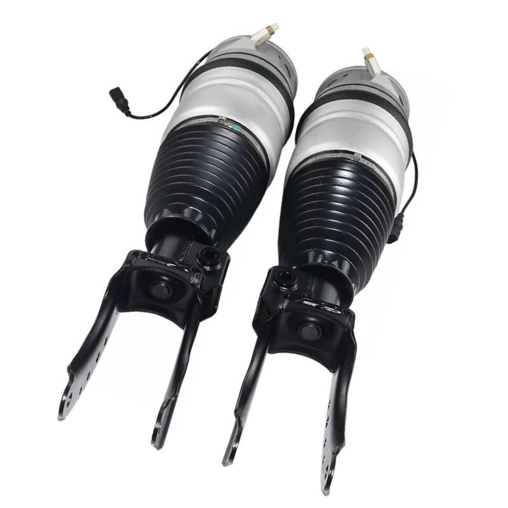 Front air strut pair with silver air springs, black bellows, and fork-style brackets