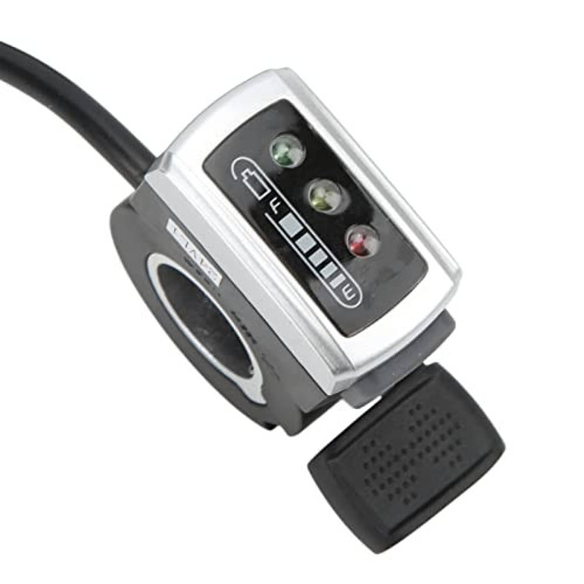 Thumb throttle controller close-up with silver housing, LED indicator bar, and rubber switch
