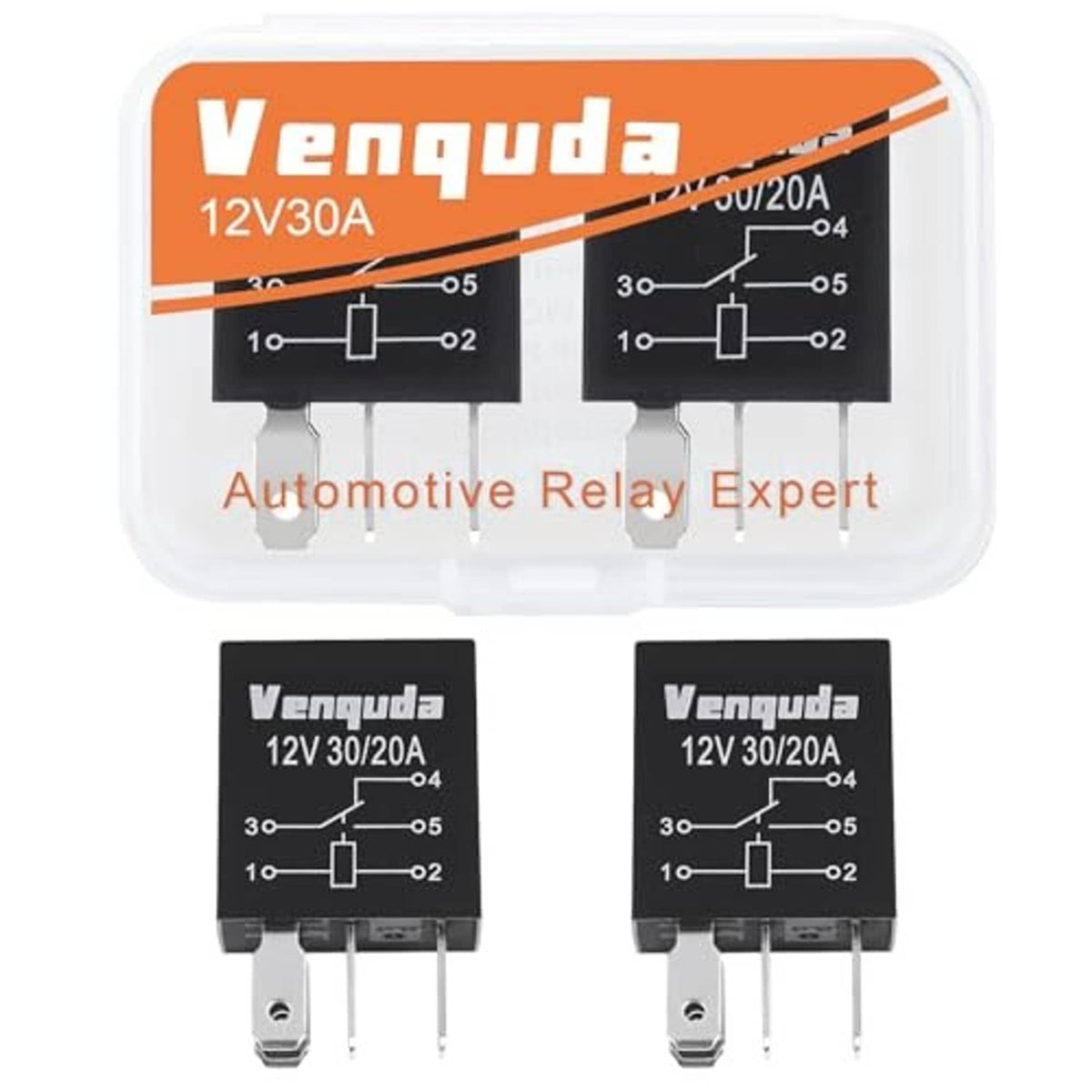 Two black 5-pin 12V automotive relays with mounting pins, shown in clear case