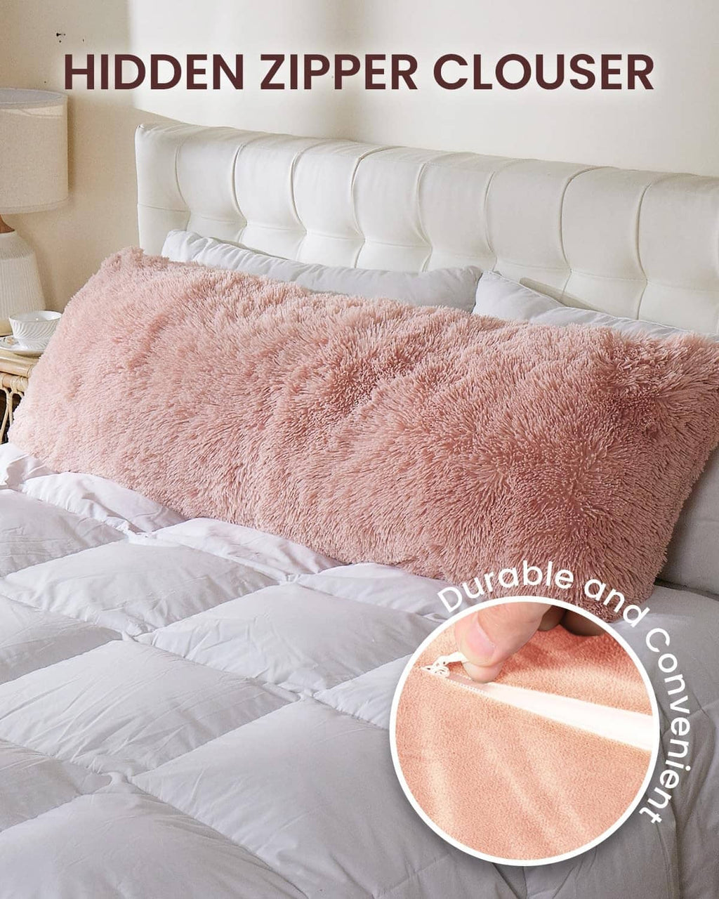 Pink fuzzy body pillow cover with hidden zipper closure, rectangular shape