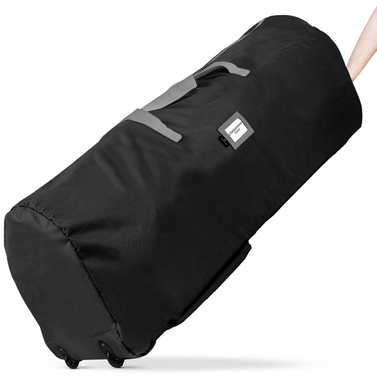 Black rolling Christmas tree storage bag with dual wheels and carry handles