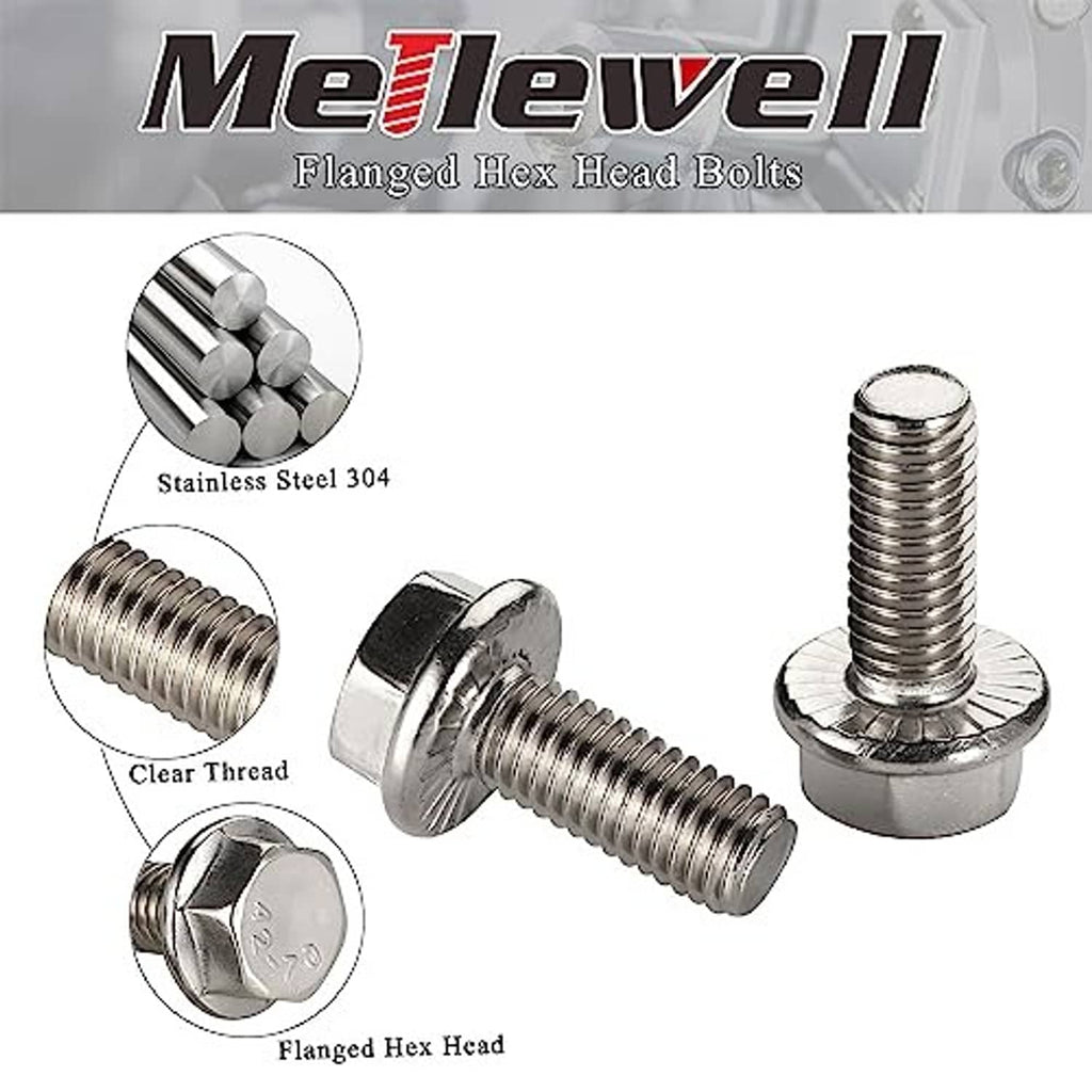 Silver flanged hex head bolts with threaded shafts and round flange heads