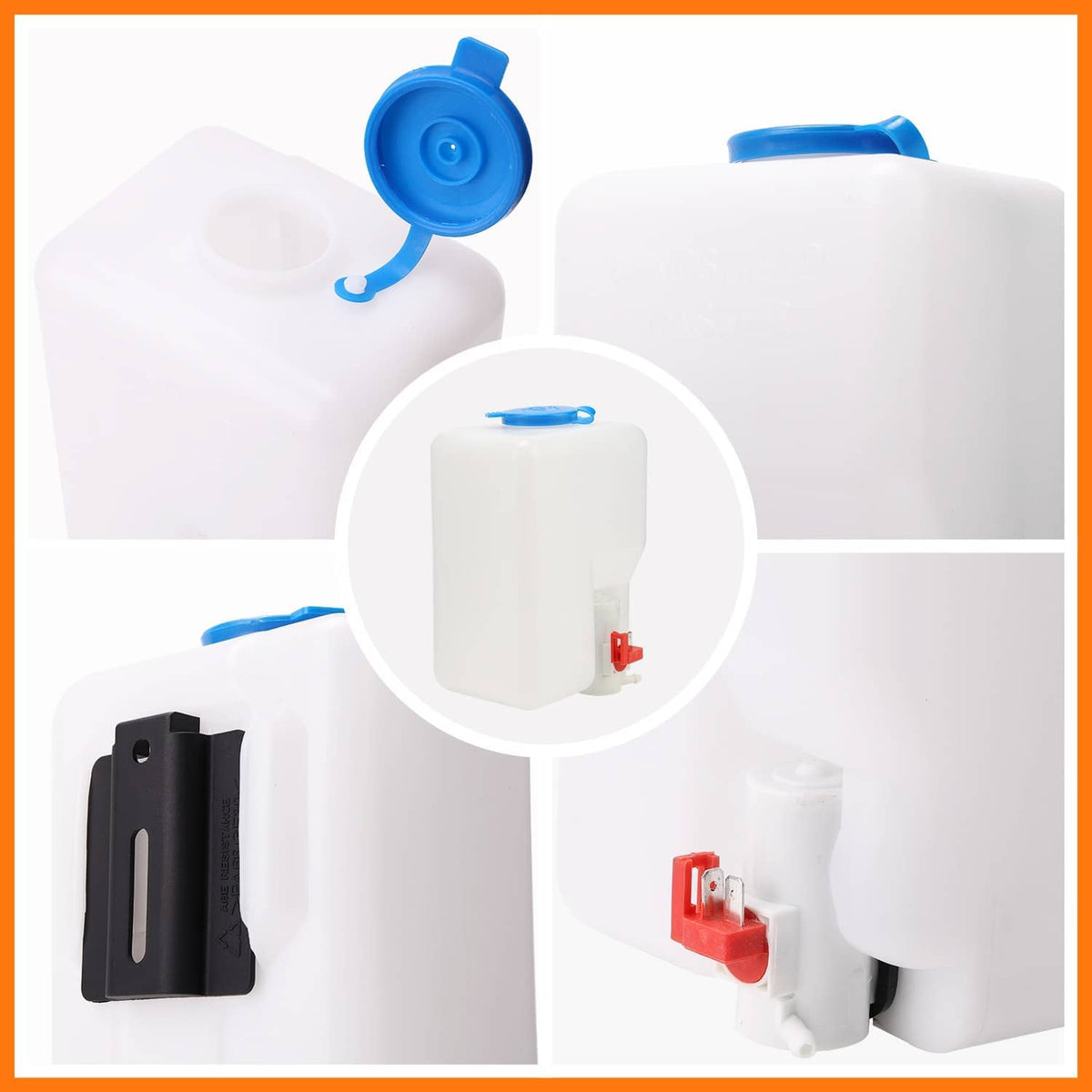 12V electric windshield wiper motor kit components: blue pump and white reservoir parts