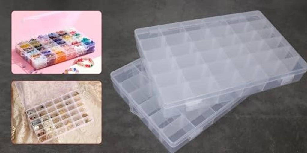 Clear rectangular plastic storage box with grid compartments and transparent lid.