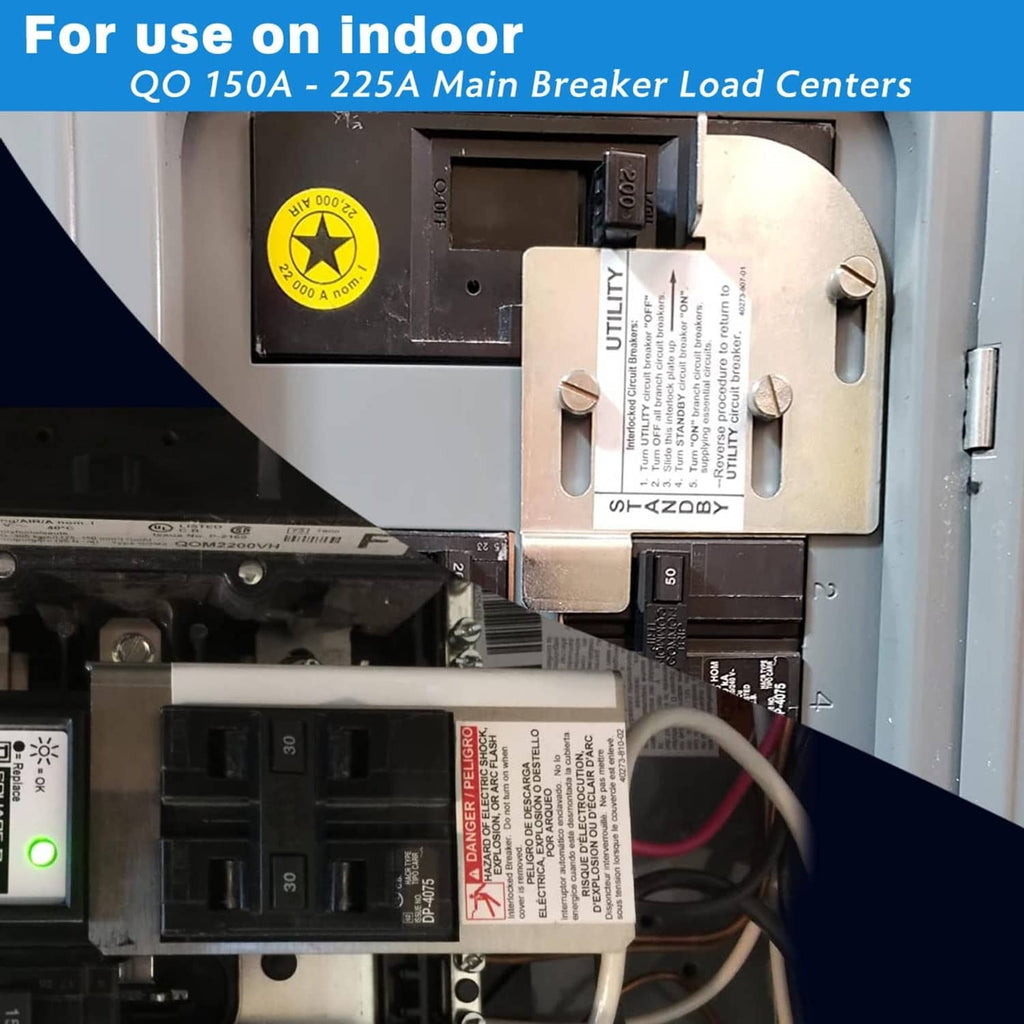 Generator interlock kit installed inside QO breaker load center with metal bracket