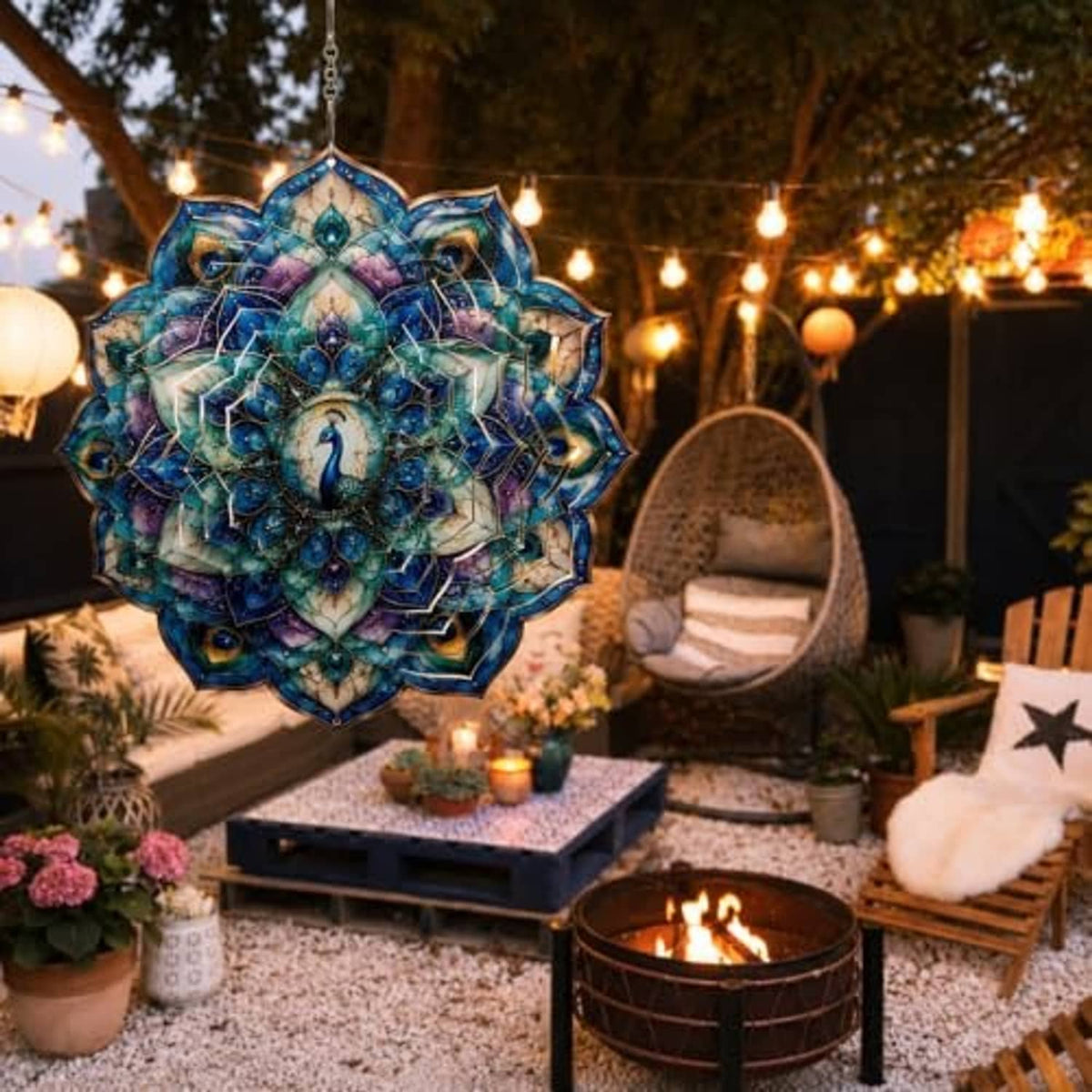 Blue-purple peacock wind spinner suspended on a chain above patio seating