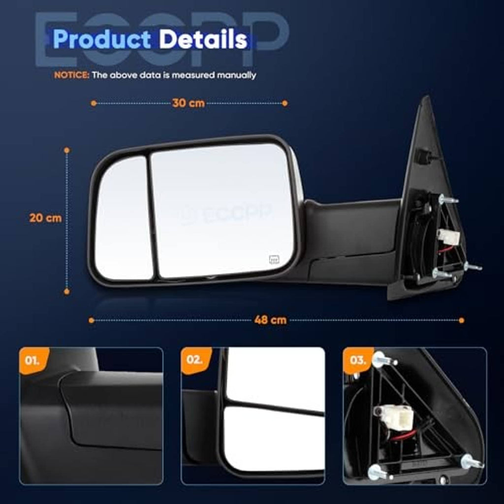 Towing mirror replacement with split two-piece glass and black protective housing