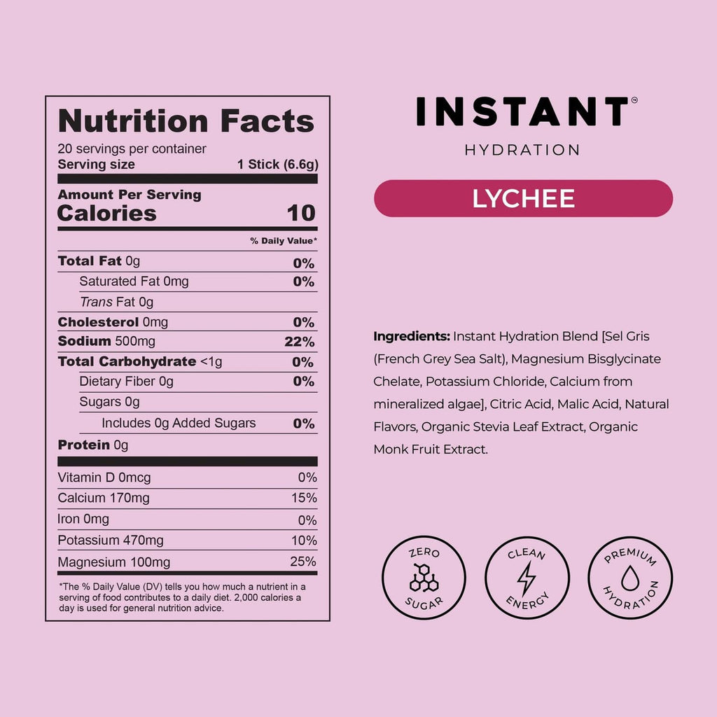 Lychee instant hydration electrolyte mix nutrition facts and ingredient panel