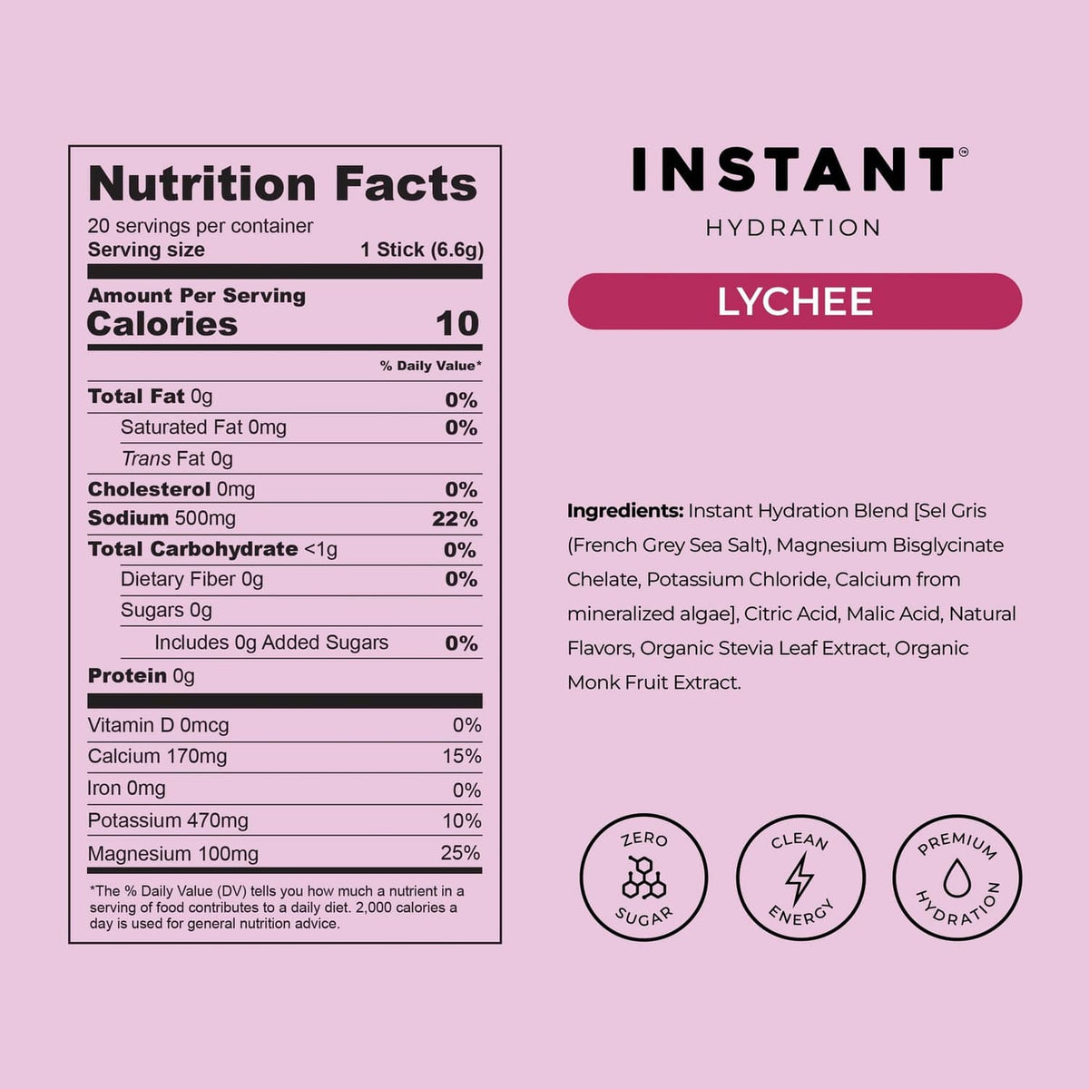 Lychee instant hydration electrolyte mix nutrition facts and ingredient panel