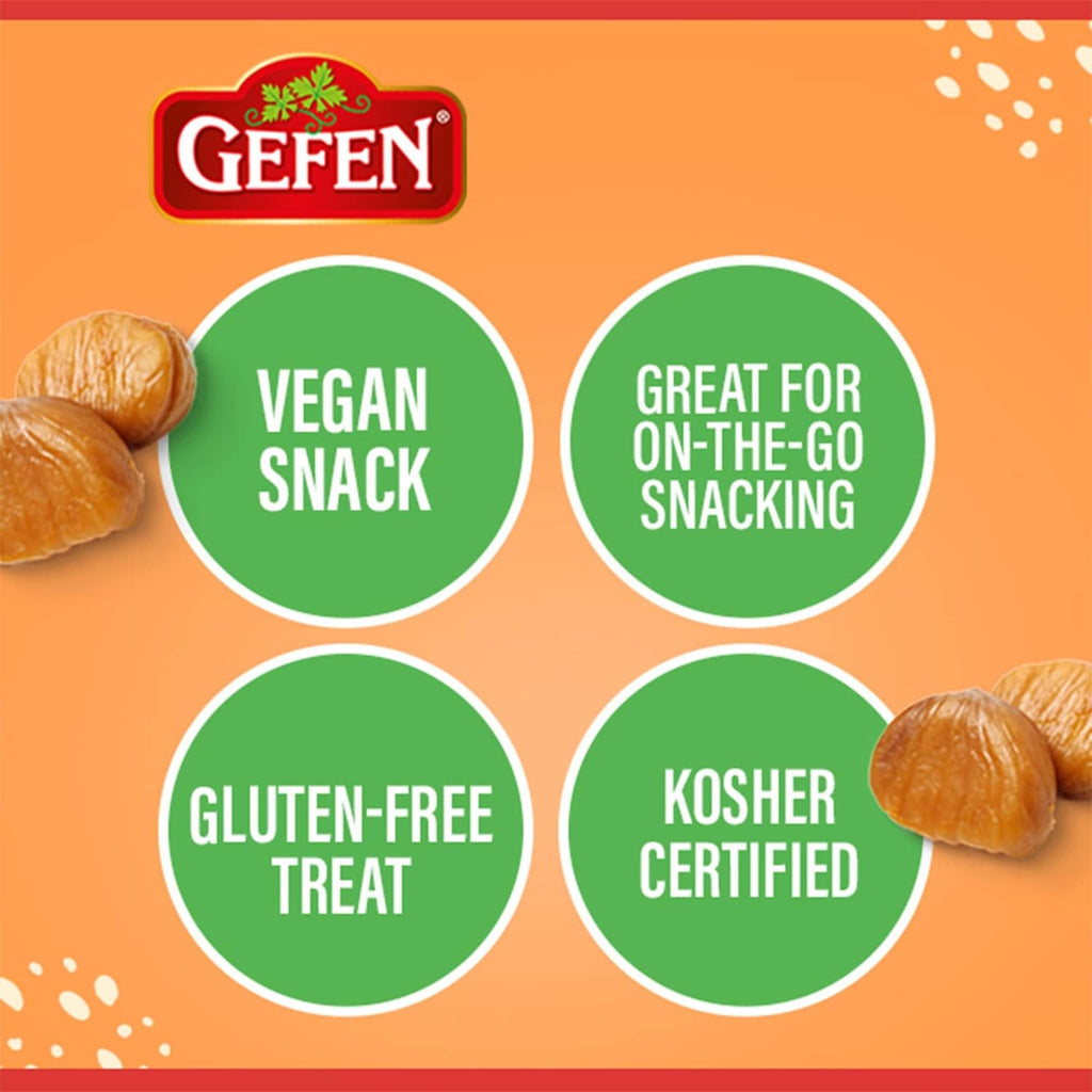 Roasted organic chestnuts package with vegan snack, gluten-free, and kosher icons