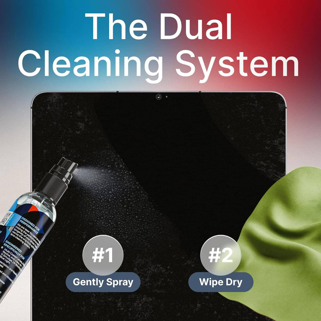 Lens cleaner spray bottle and green microfiber cloth shown beside a tablet screen.