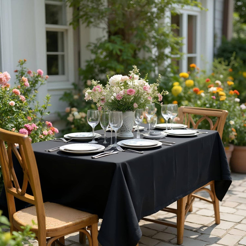 Dark rectangle tablecloth on outdoor dining table with chairs and place settings on top.