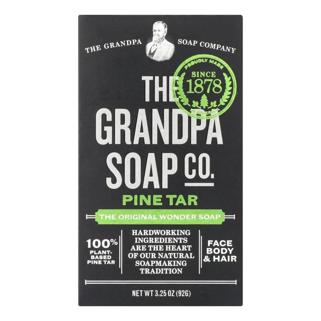 Grandpa Soap Co. Pine Tar bar soap package, 3.25 oz net wt, since 1878 badge