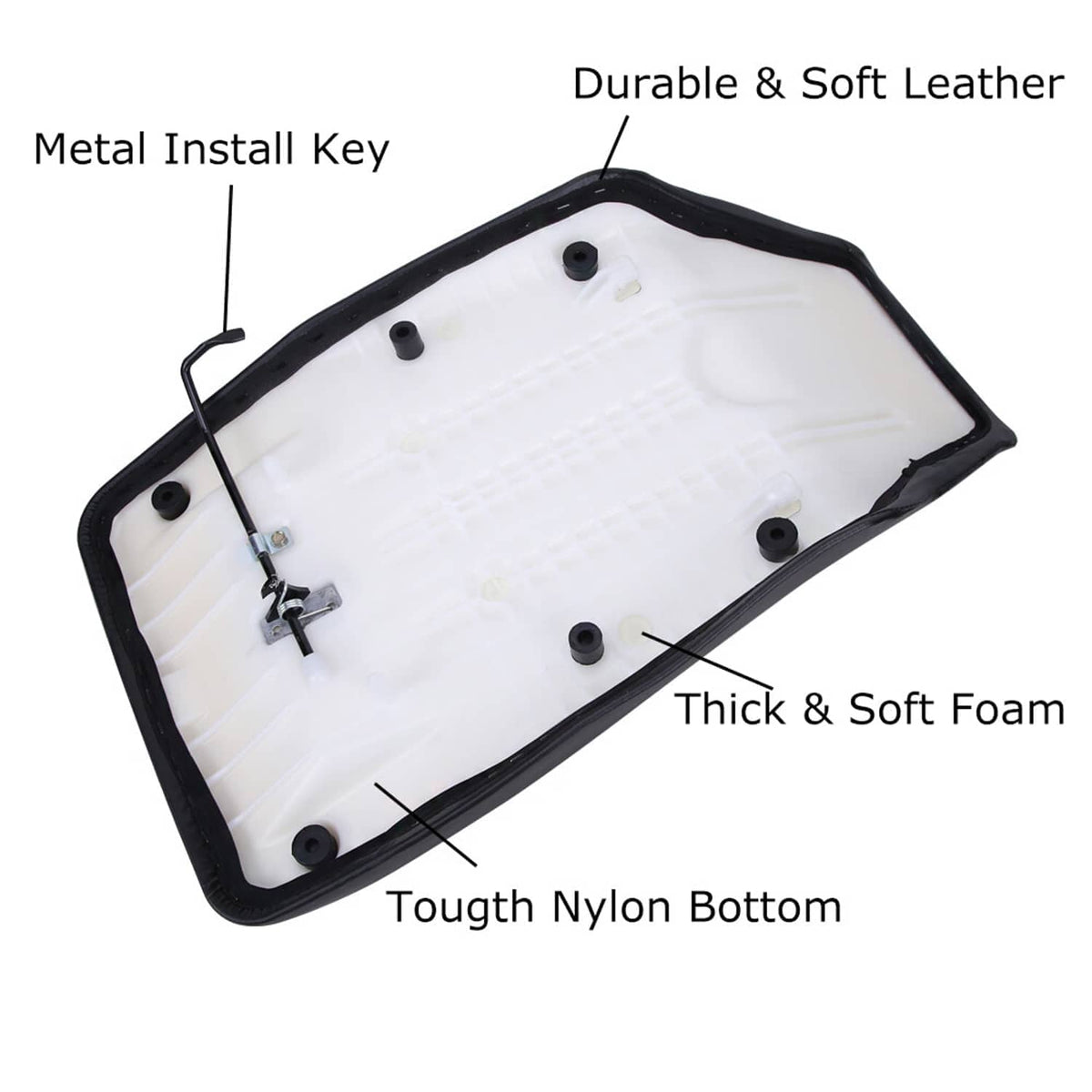 Black ATV seat underside with nylon base and foam padding, showing metal install key.