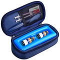 Navy blue insulated insulin vial cooler case with foam insert and secure zip closure