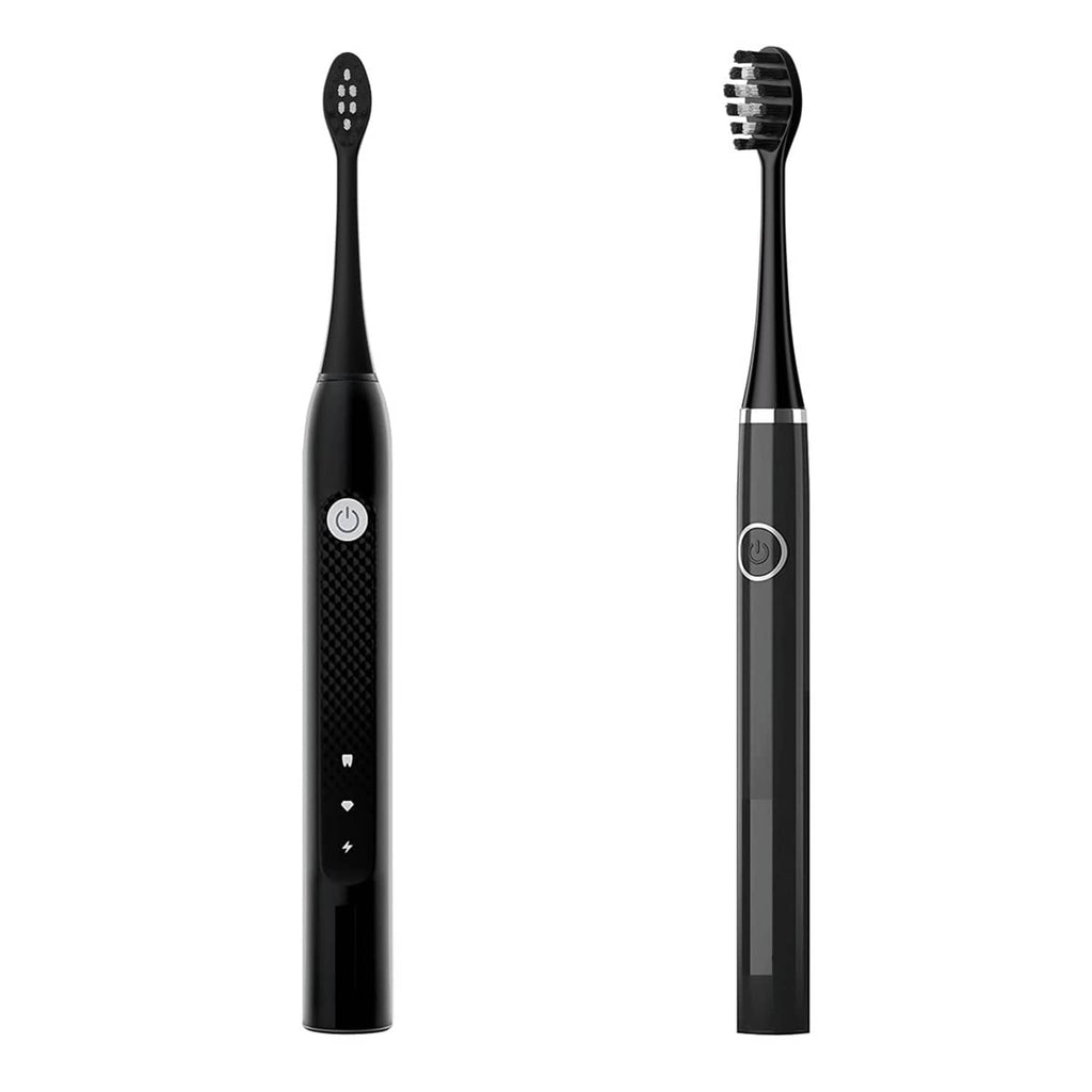 Black replacement toothbrush heads with oval brush faces and textured handle grips