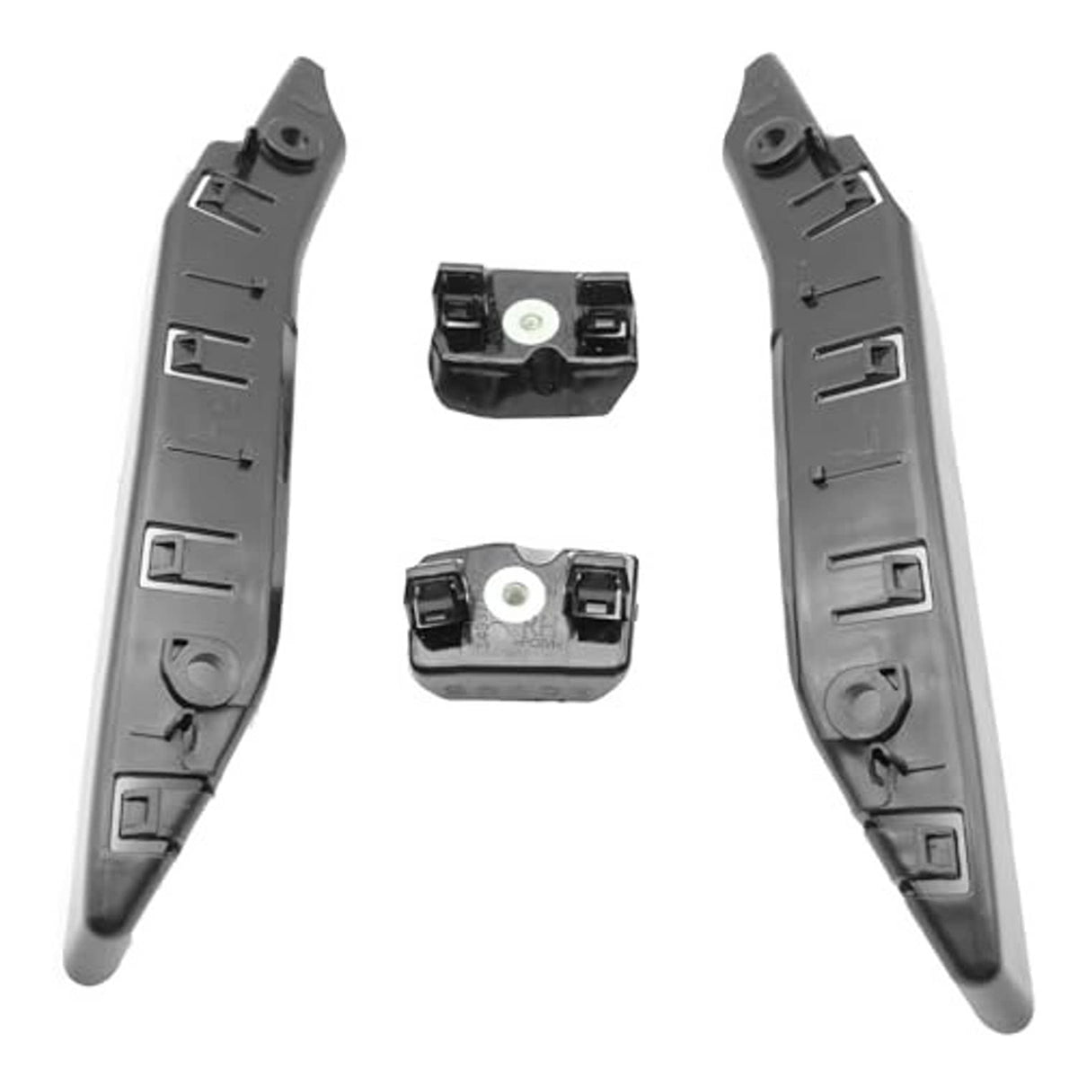 Front bumper bracket retainer set: two long dark gray brackets and two center clips