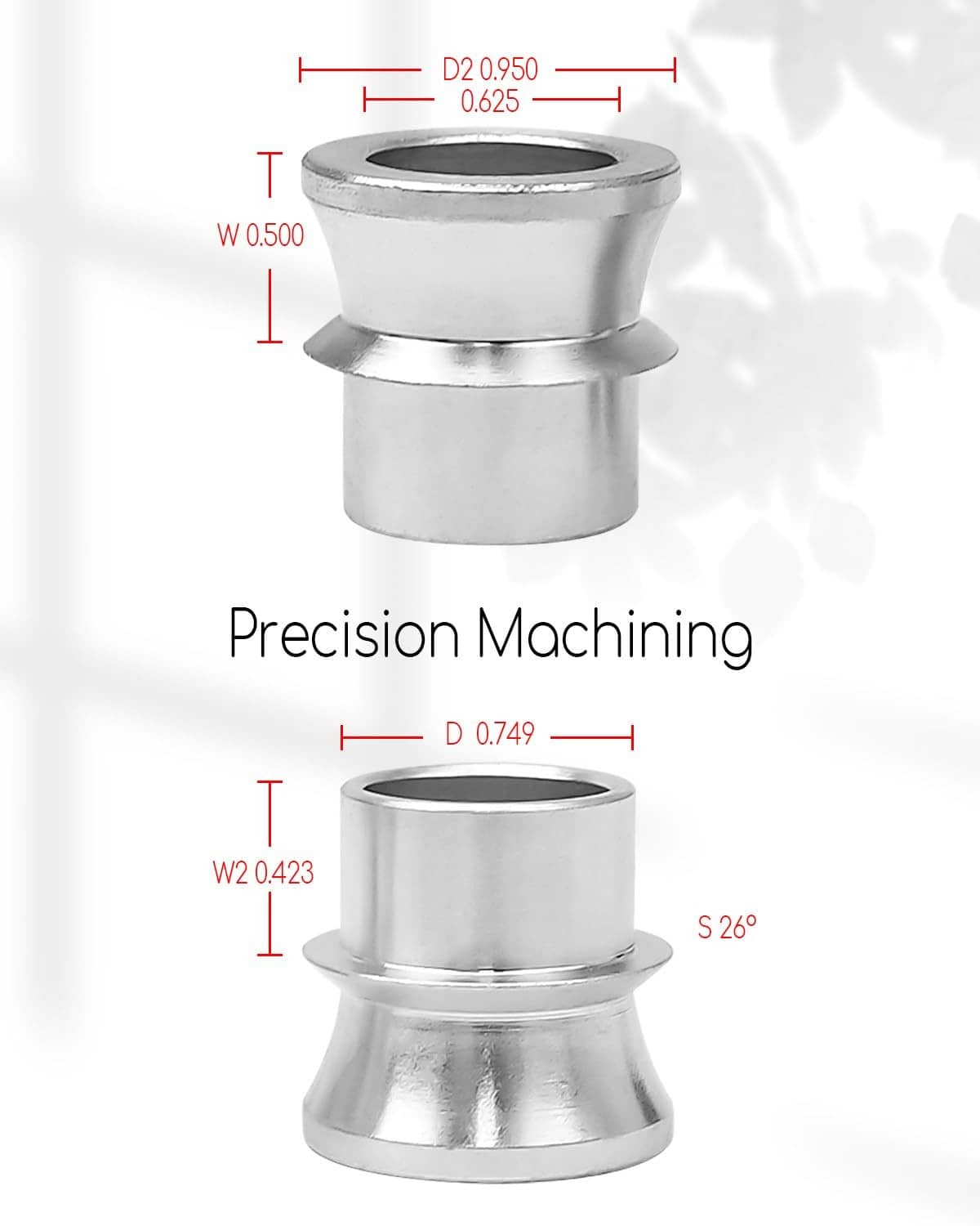 Steel misalignment spacer with size dimensions, chrome plated silver, rod end fit