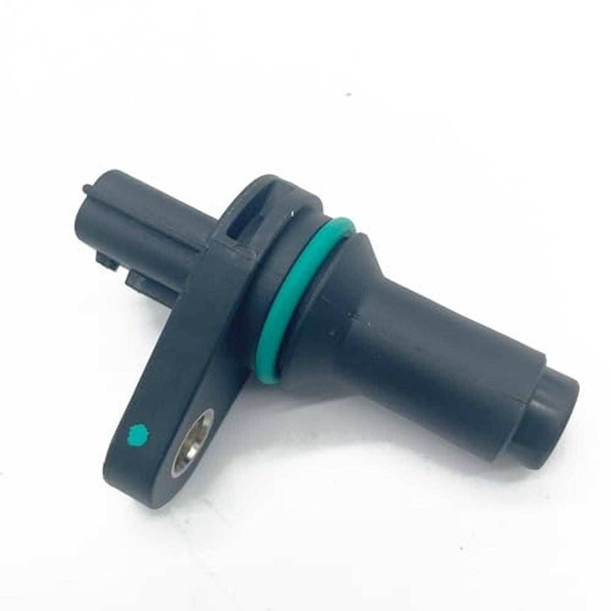 Crankshaft position sensor with green O-ring, dark mounting bracket and metal insert