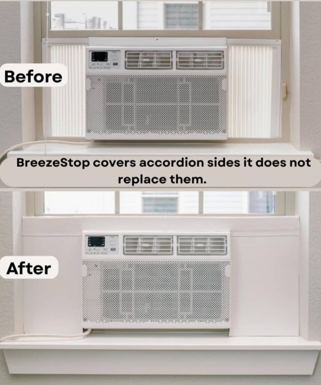 Window air conditioner with white insulation side panel covers over accordion window gaps